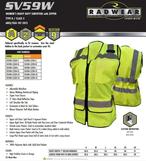Radians SV59W Ladies Hi Vis Class 2 Heavy Duty Safety Vest, Surveyor Style Hi Vis Lime Green or Hi Vis Orange - Image 8