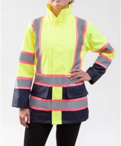 Utility Pro UHV825 Women's Class 2 Rain Jacket, Lime/Navy with Pink Trimmed Reflective Striping
