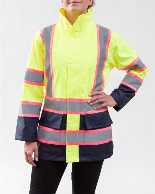 Utility Pro UHV825 Women's Class 2 Rain Jacket, Lime/Navy with Pink Trimmed Reflective Striping - Image 2