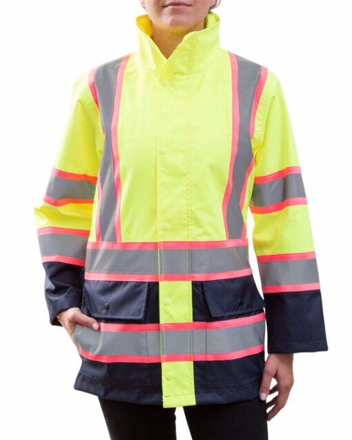 Utility Pro UHV825 Women's Class 2 Rain Jacket, Lime/Navy with Pink Trimmed Reflective Striping - Image 3
